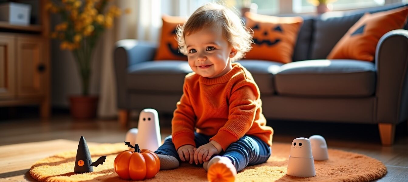 Idées de bricolages faciles avec des rouleaux de papier toilette pour décorer Halloween avec bébé