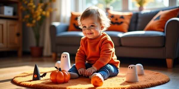 Idées de bricolages faciles avec des rouleaux de papier toilette pour décorer Halloween avec bébé