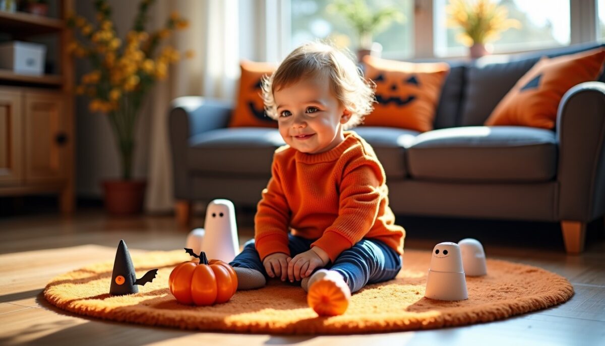 Idées de bricolages faciles avec des rouleaux de papier toilette pour décorer Halloween avec bébé